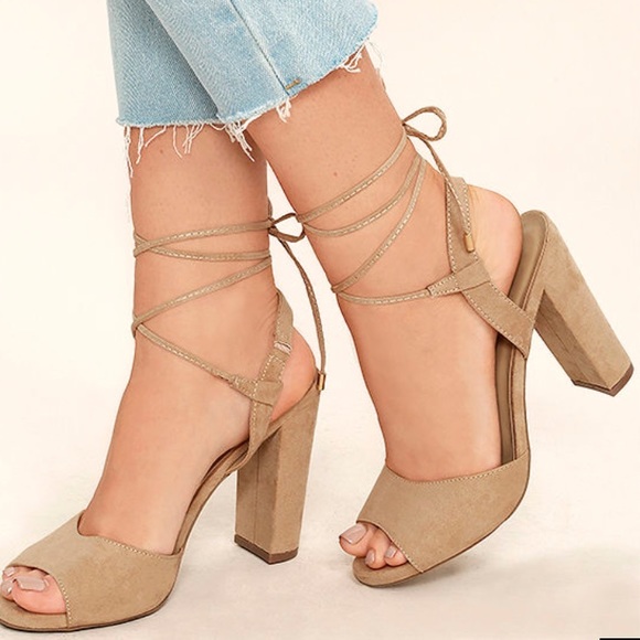 Lulus Shoes - Lulu's Beige Suede Lace-up Heels